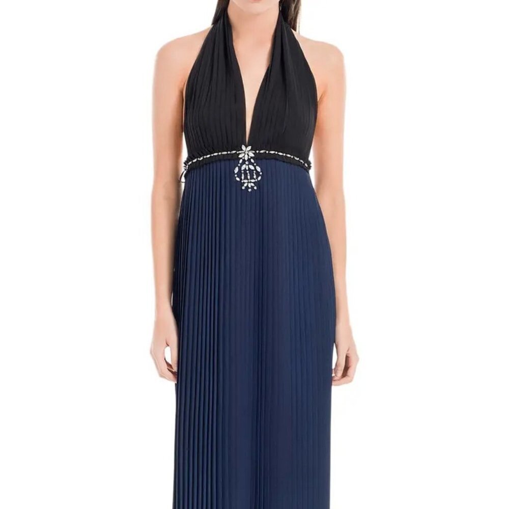 Max Studio Black Navy Pleated Embellished Halter Maxi Dress
